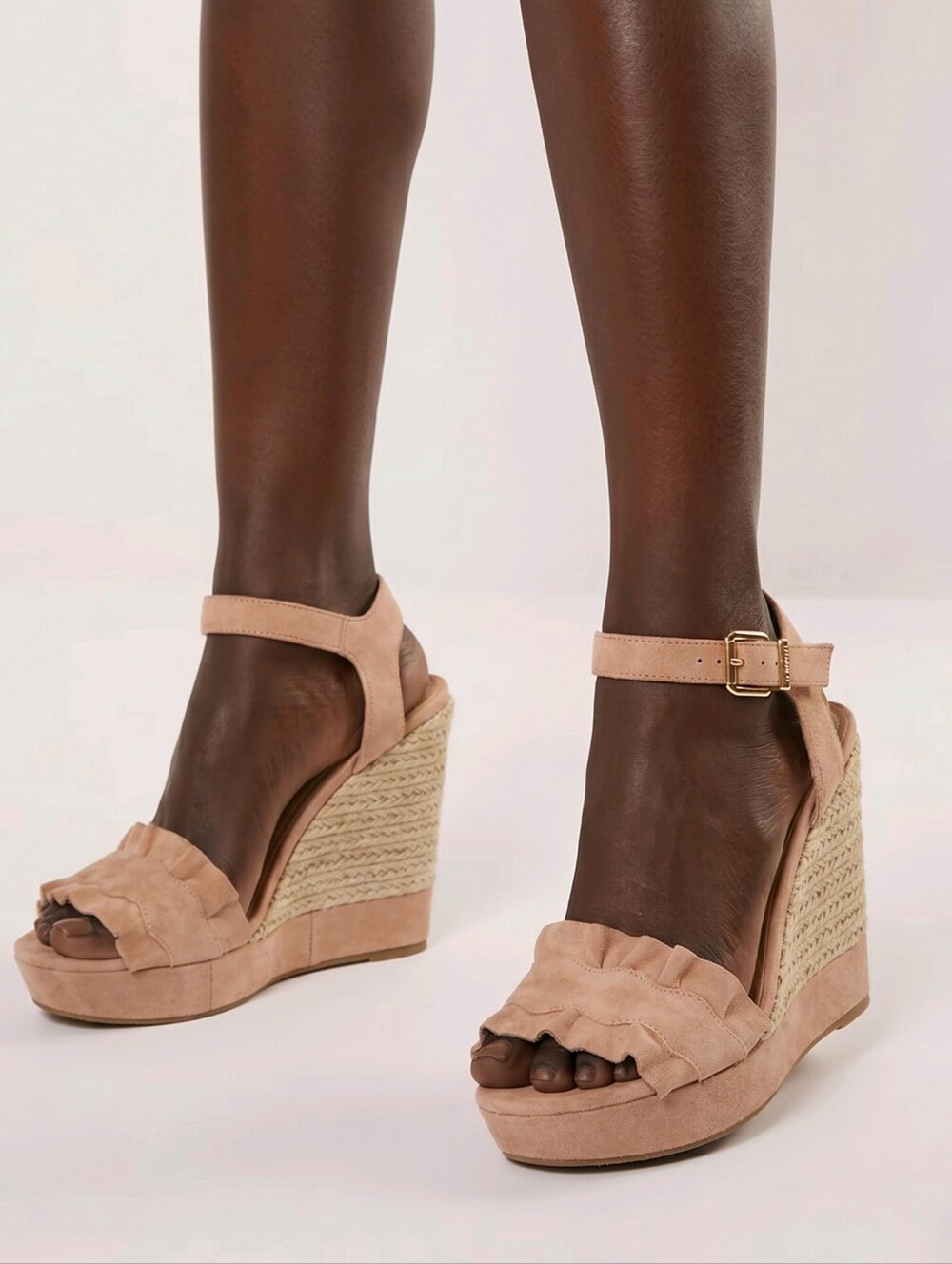 Gianni Bini Blush Pink Ruffle Espadrille Wedges with Ankle Strap - Picture 1 of 7